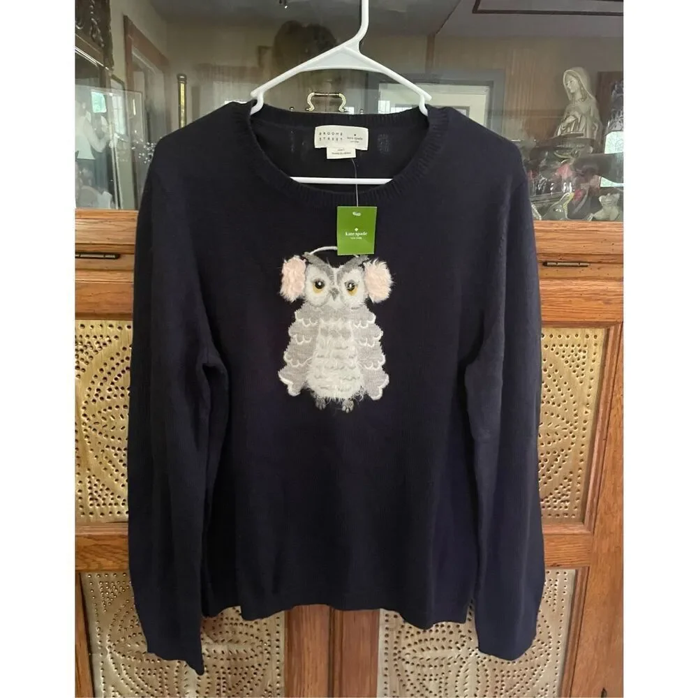 Kate Spade Women Owl Sweater Size L Preppy Polyamide Wool Crew Neck Long Sleeve